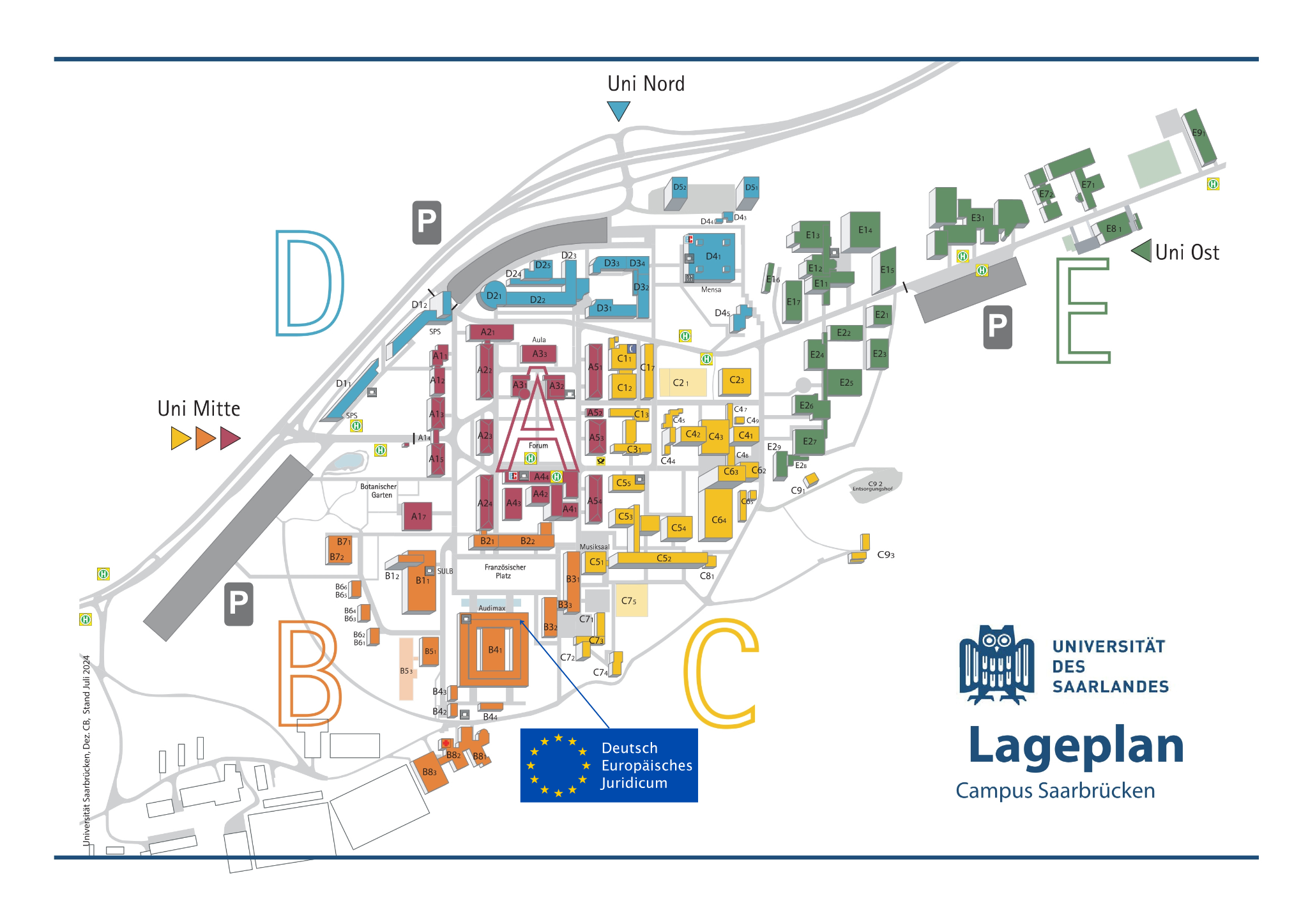 Lageplan der Universität des Saarlandes. Ein Pfeil zeigt auf das Gebäude B4.1, in dem sich die Bibliothek befindet.